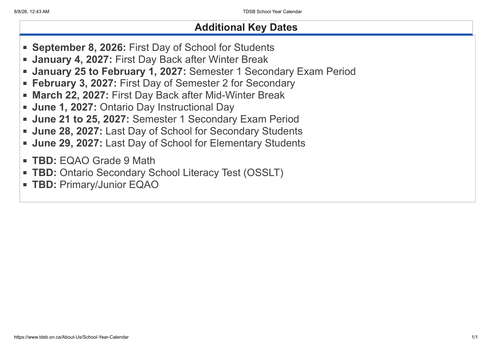 TDSB School Year Calendar