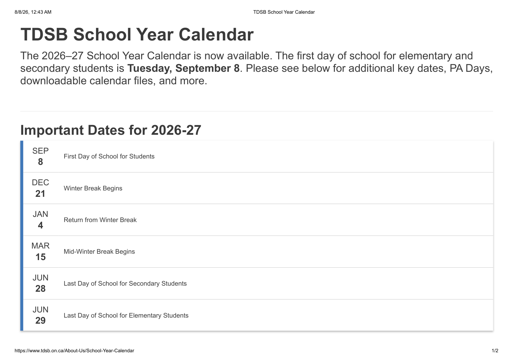 TDSB School Year Calendar 26 27 DATES - page 1