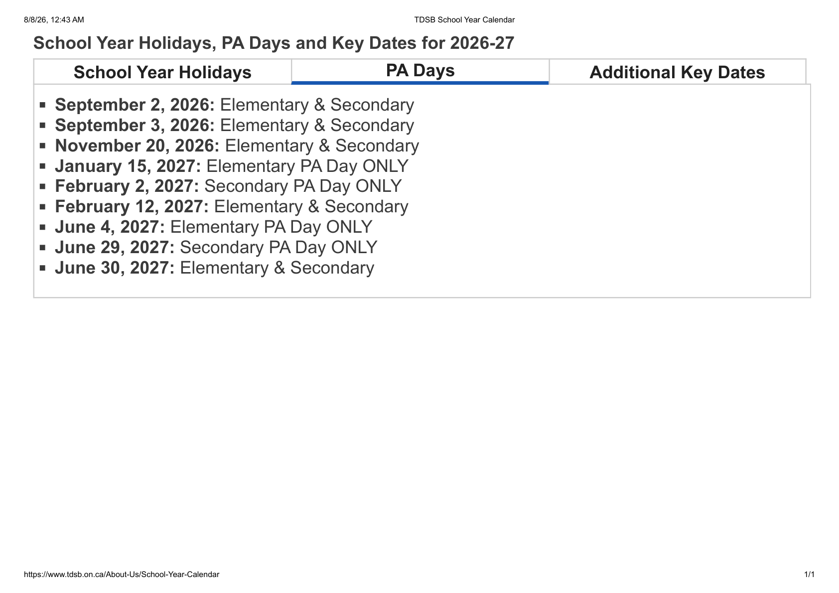 TDSB School Year Calendar pa dates
