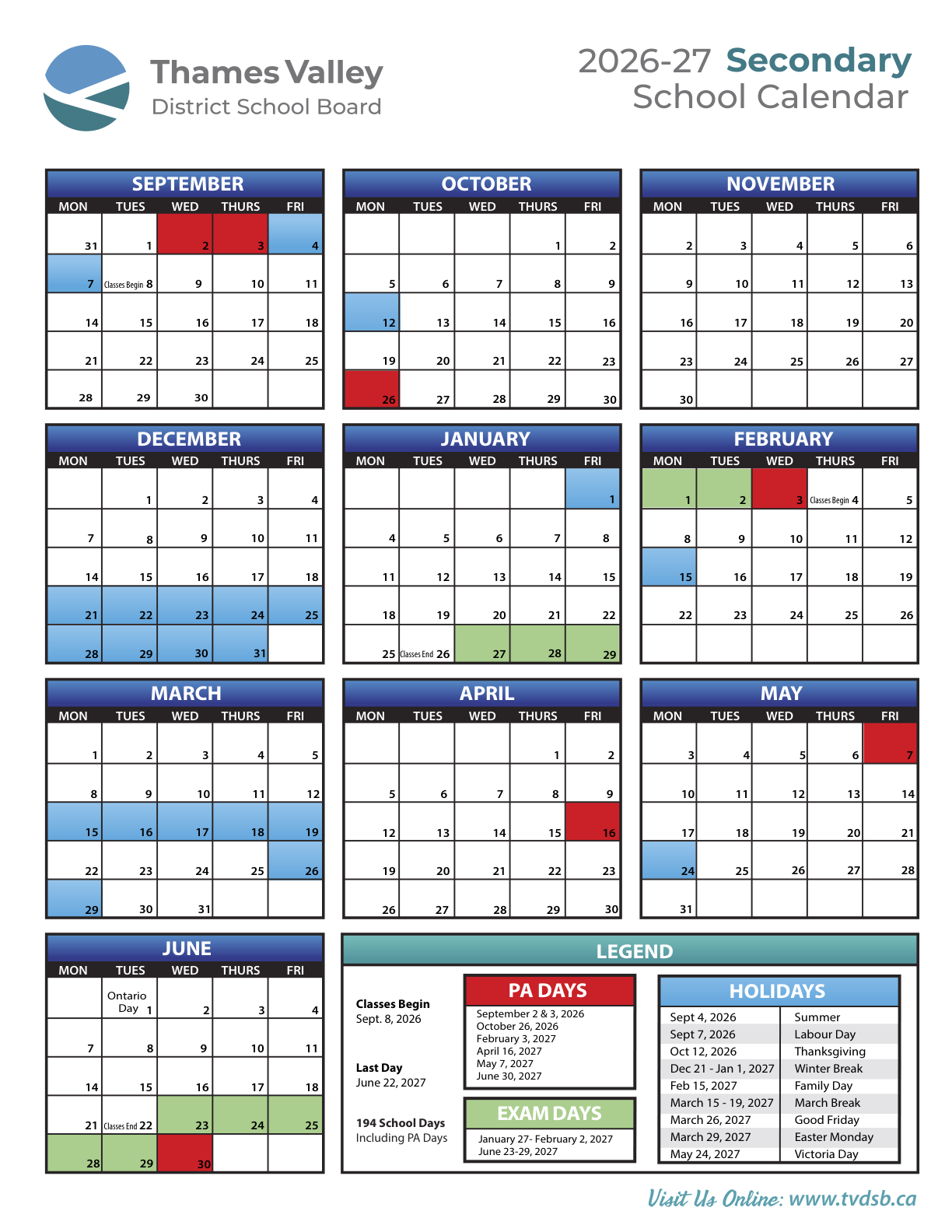 2026 27 calendar secondary thames valley