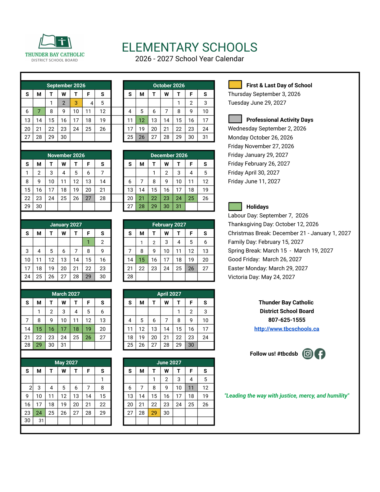 TBCDSB Elementary Calendar 2026 2027