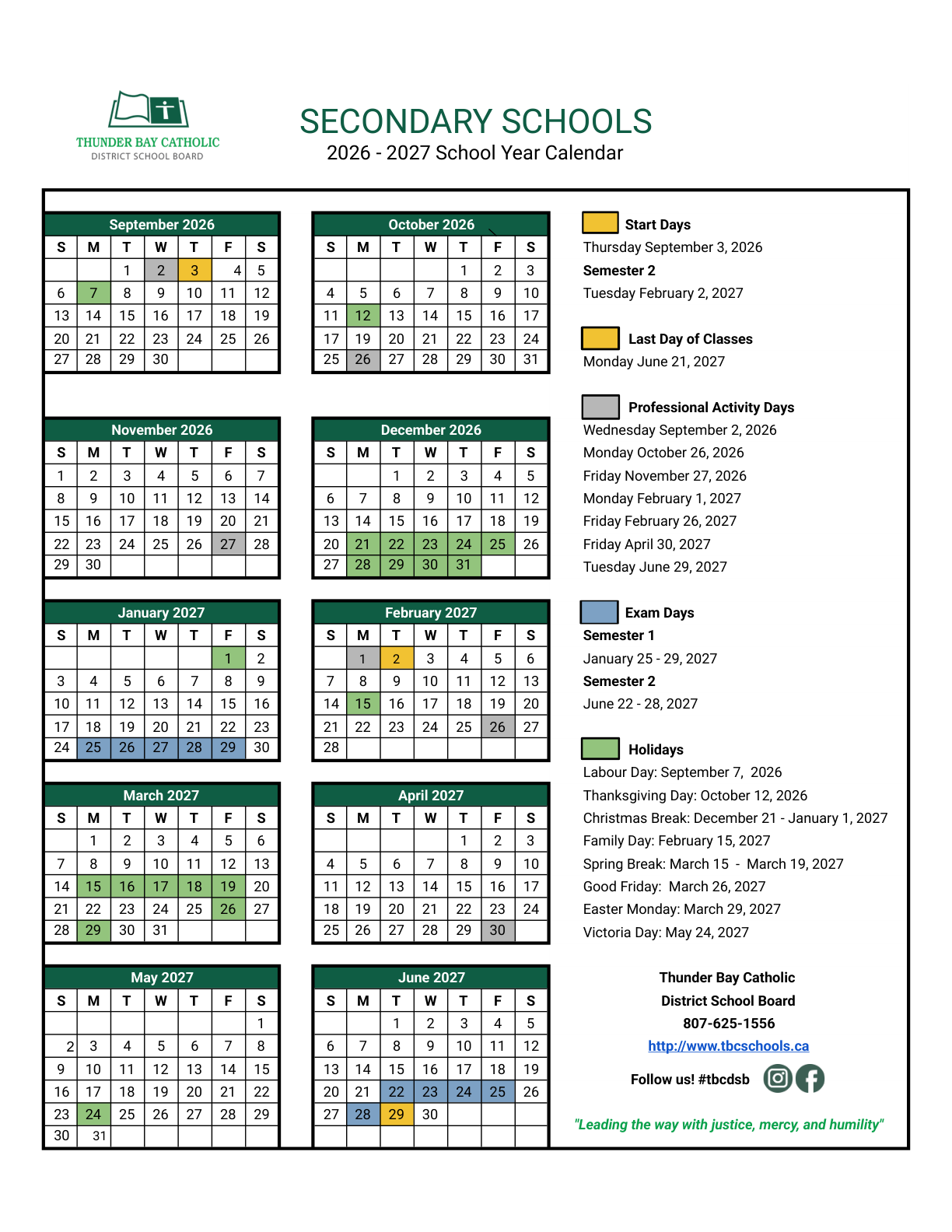 TBCDSB Secondary Calendar 2026 2027