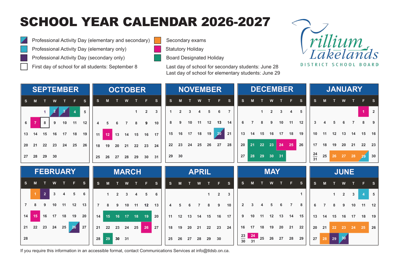 Trillium Lakelands DSB 2026 2027 School Year Calendar