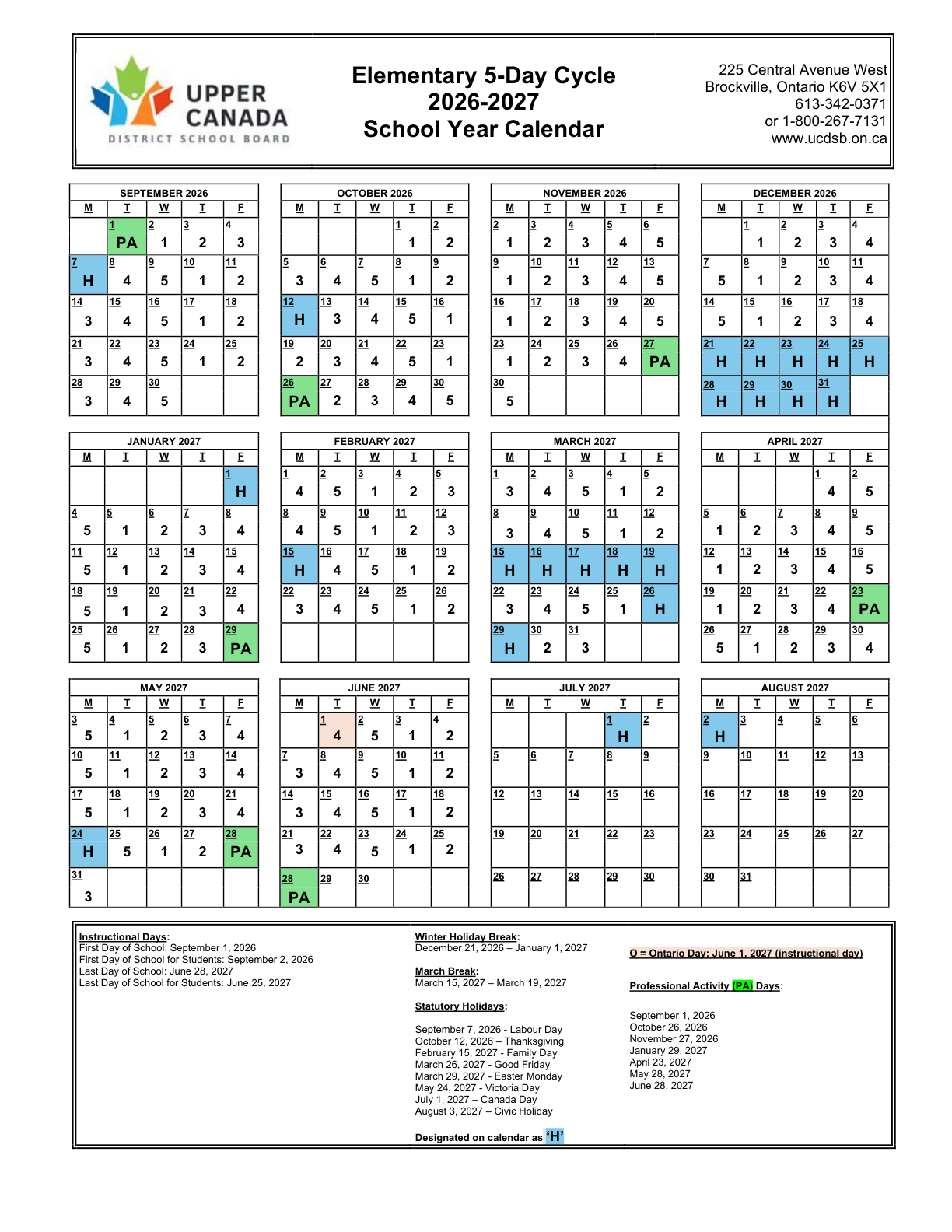 2026 2027 Elementary 5 Day Cycle SYC Upper Canada DSB