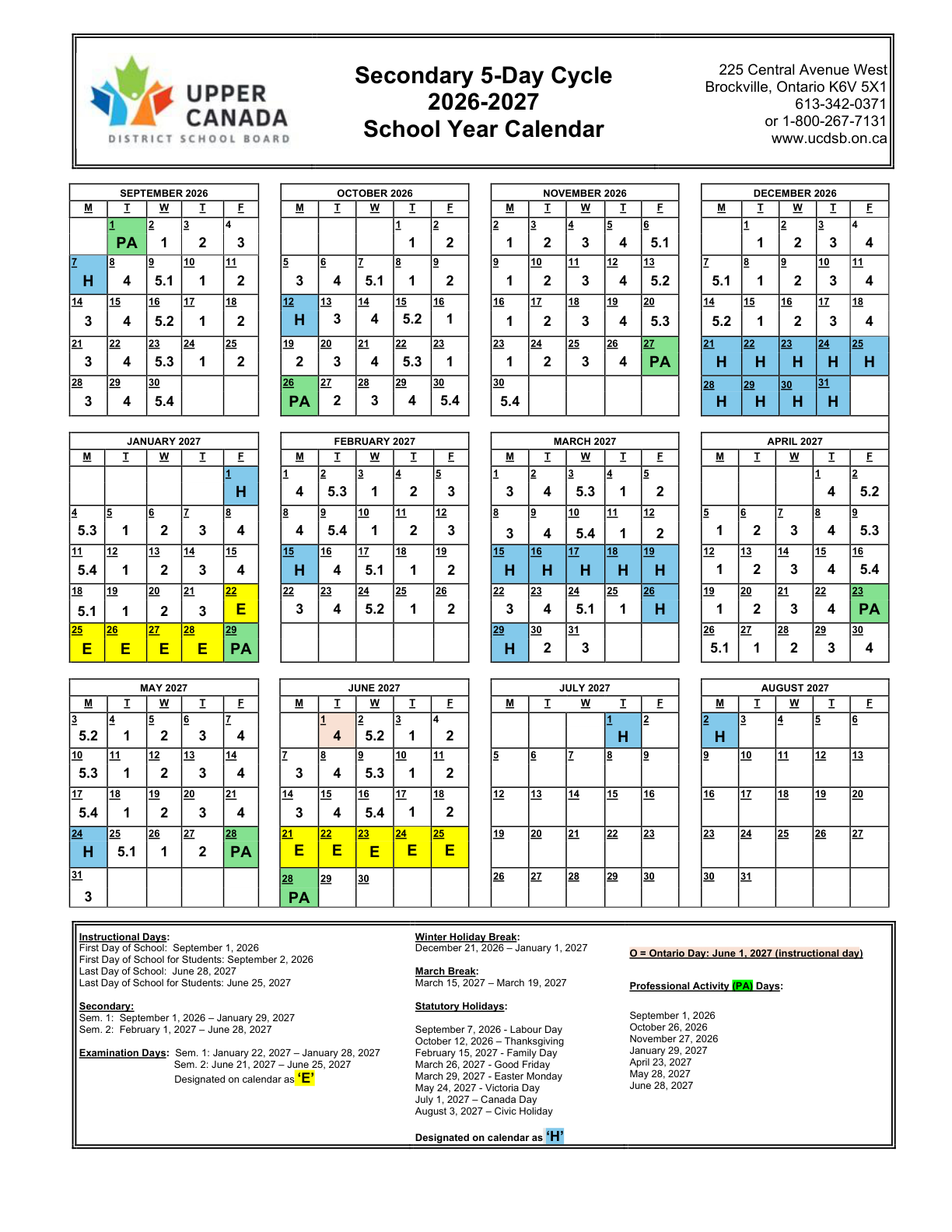 Upper Canada DSB 2026 2027 Secondary 5 Day Cycle SYC