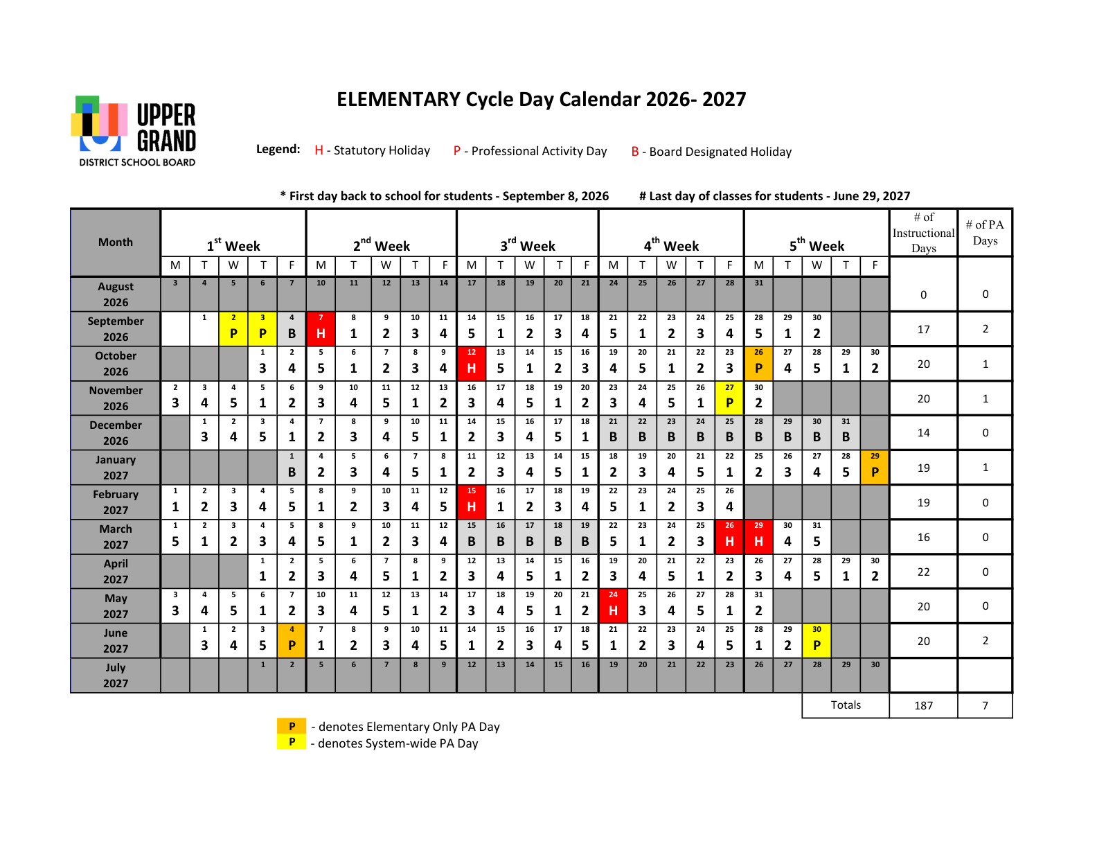 Upper Grand DSB UGDSB Elementary Cycle Day Calendar 2026 27
