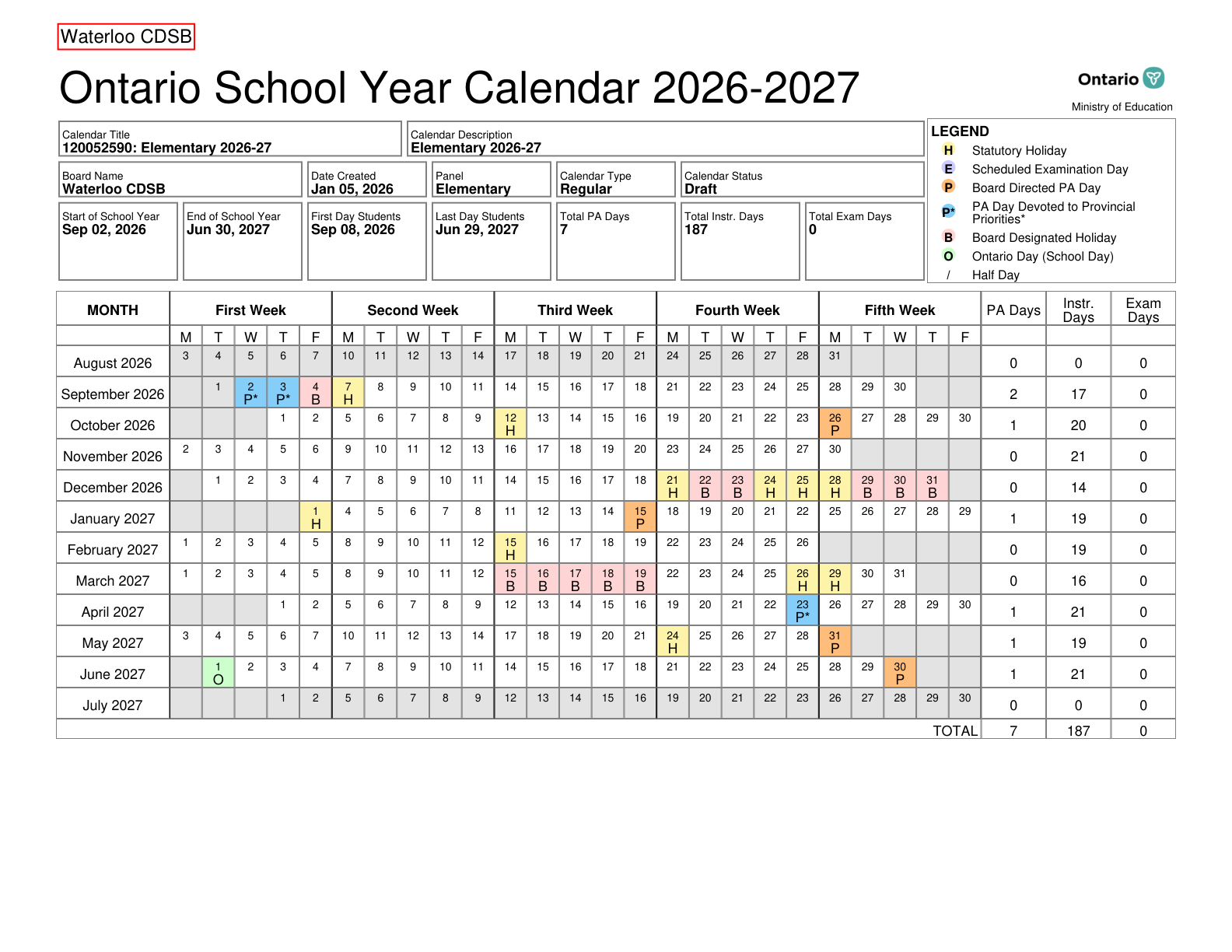 Waterloo CDSB 2026 2027 Elementary Calendar - page 1