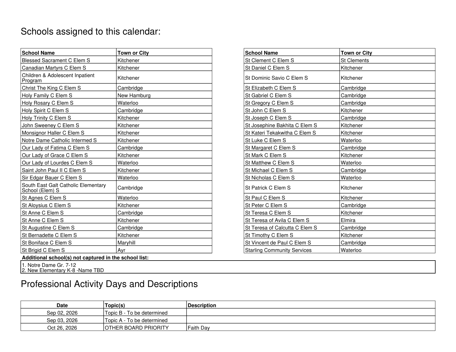 Waterloo CDSB 2026 2027 Elementary Calendar - page 2