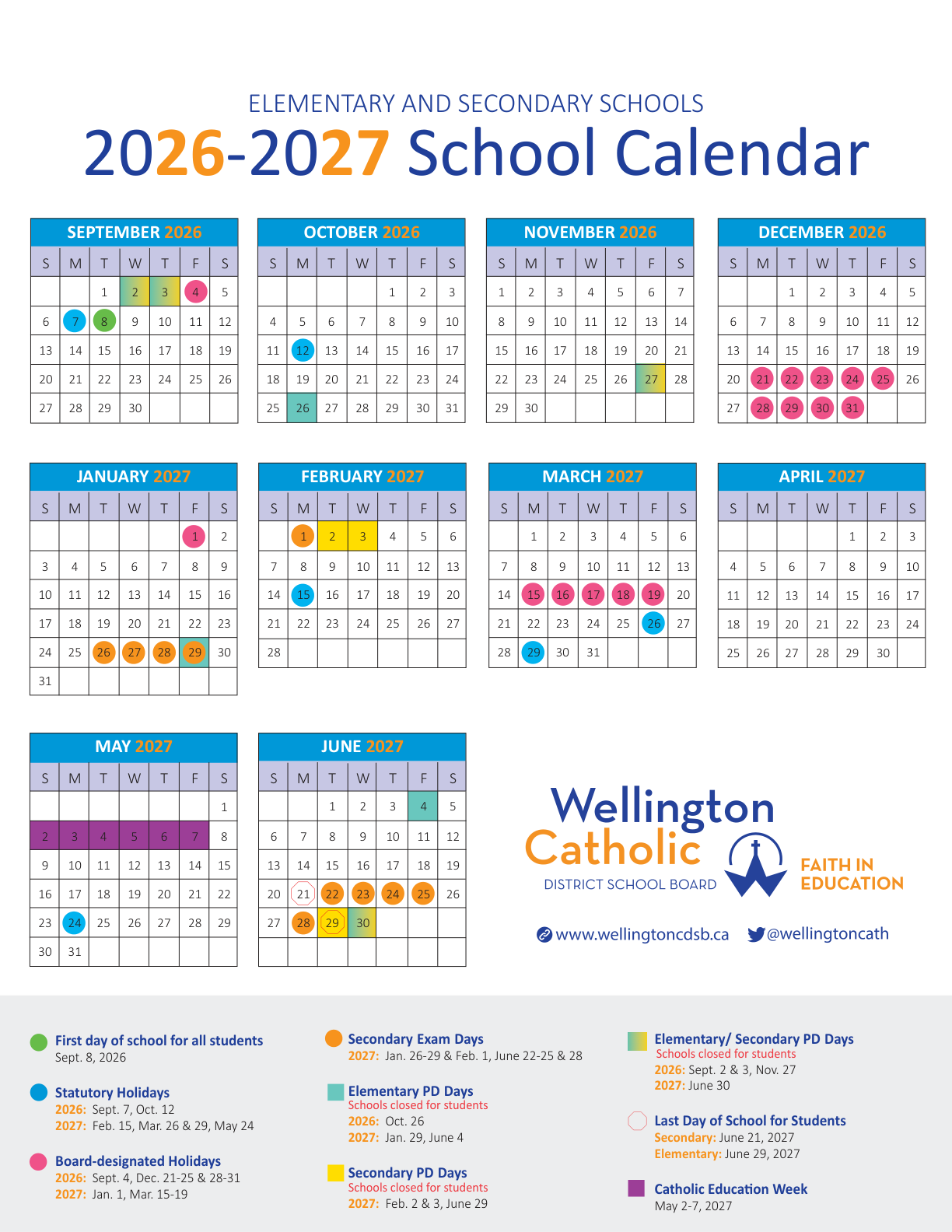Wellington CDSB 2026 2027 School Year Calendar