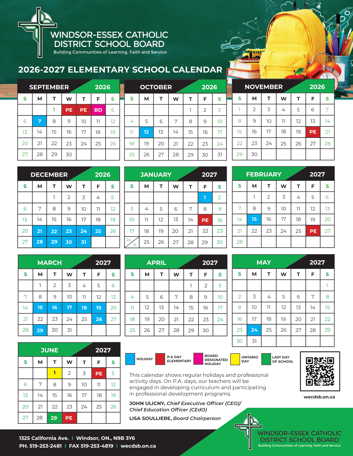 Windsor Essex CDSB FINAL 2026 2027 Elementary Calendar dated August 11, 2026 - page 1