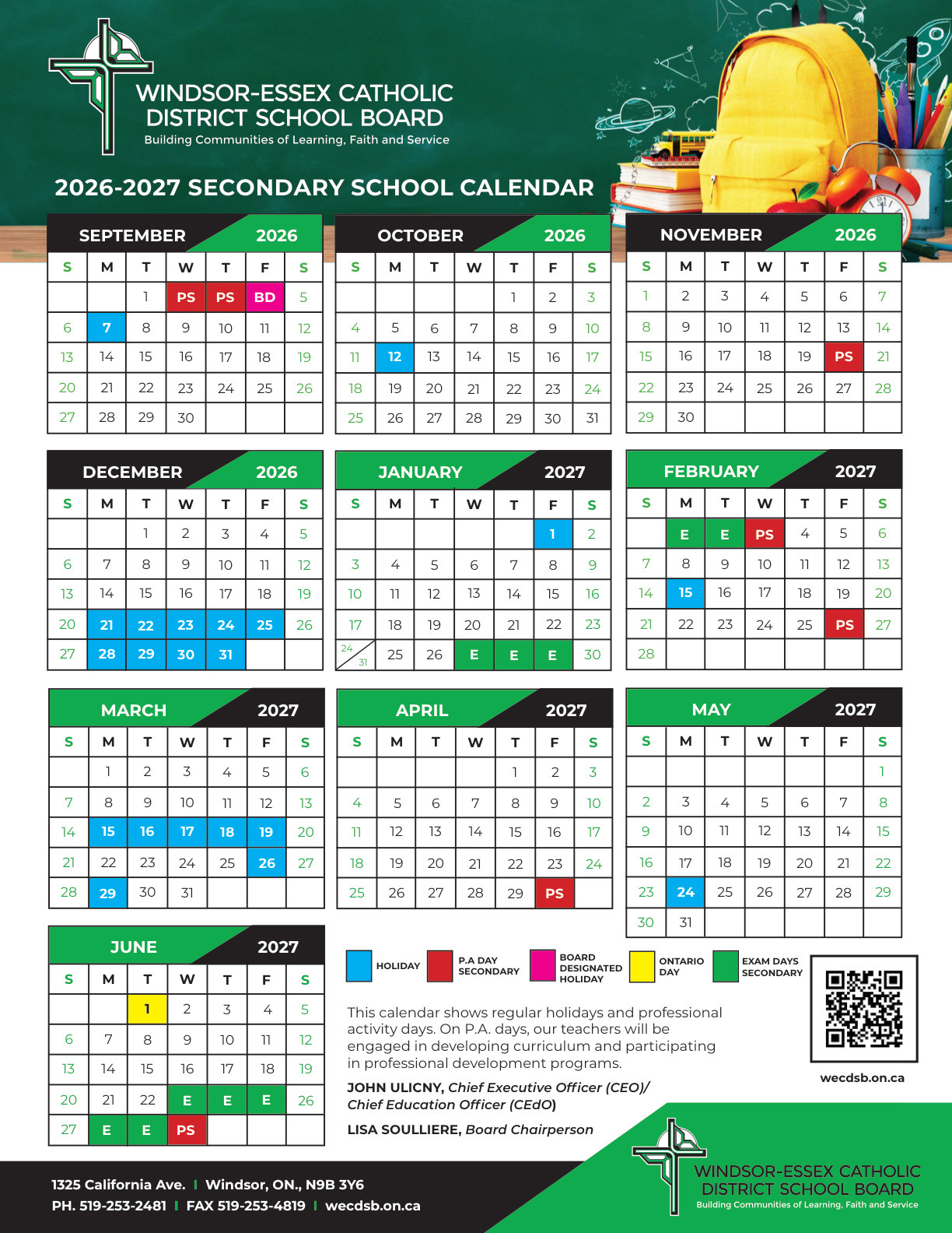 Windsor Essex CDSB FINAL 2026 2027 Secondary Calendar dated Aug. 11, 2026 - page 1