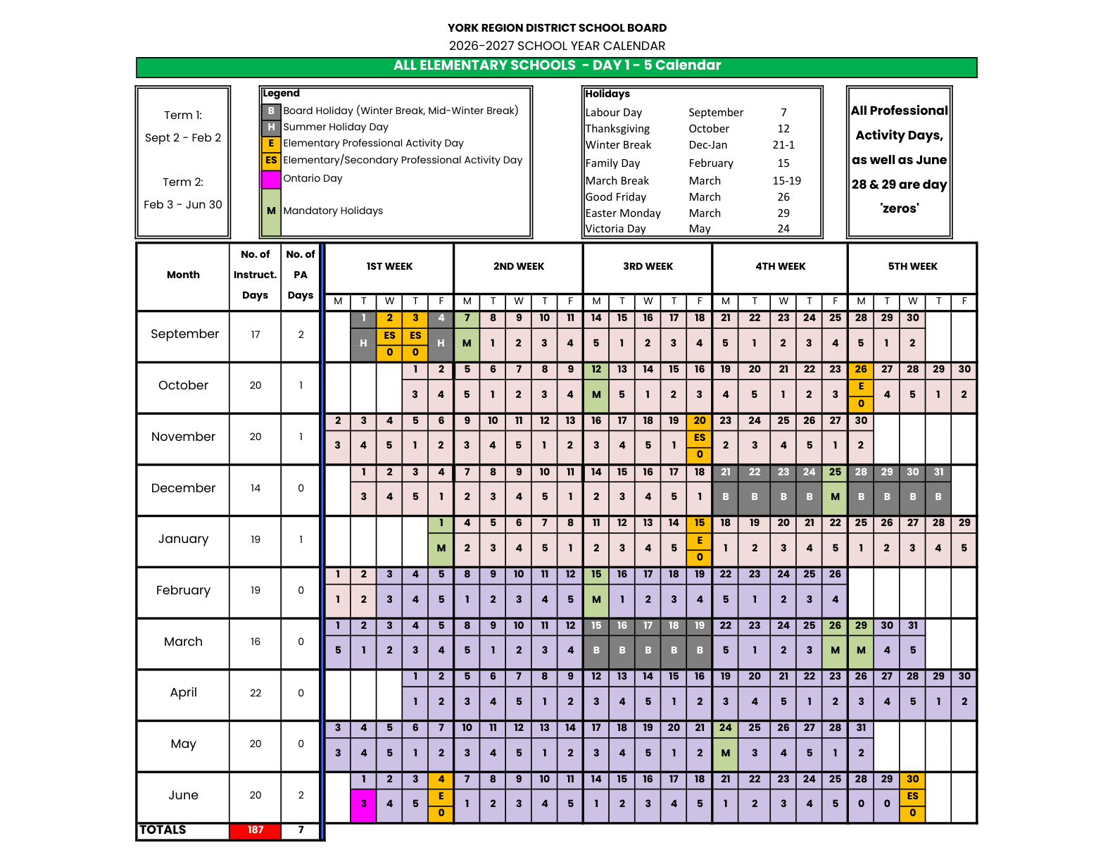 2026 2027 5 Day Cycle CalendarYork Region DSB