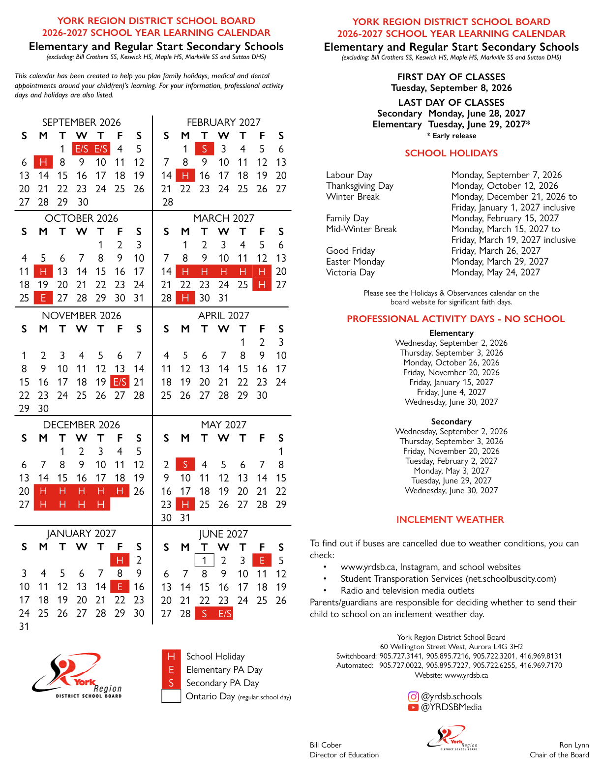 2026 2027 All Elem Reg SS CalendarYork Region DSB