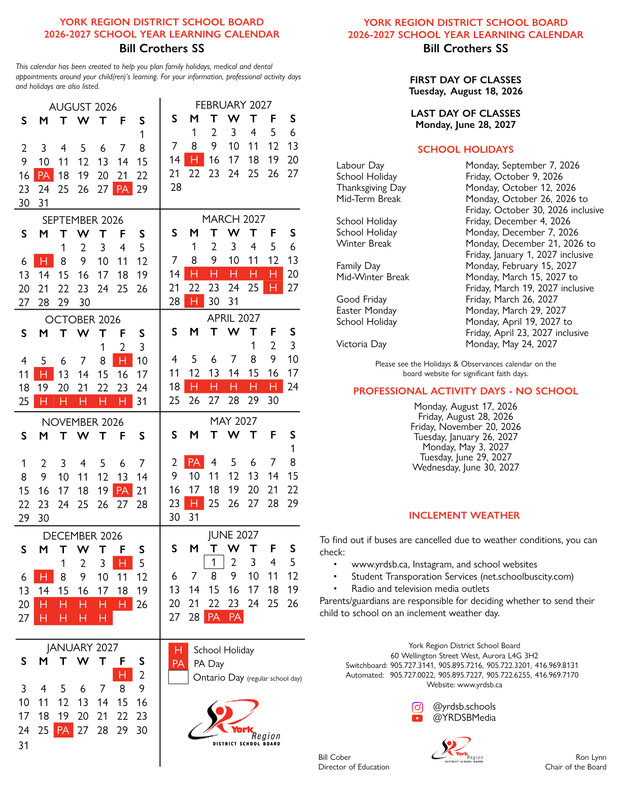 2026 2027 BCSS CalendarYork Region DSB