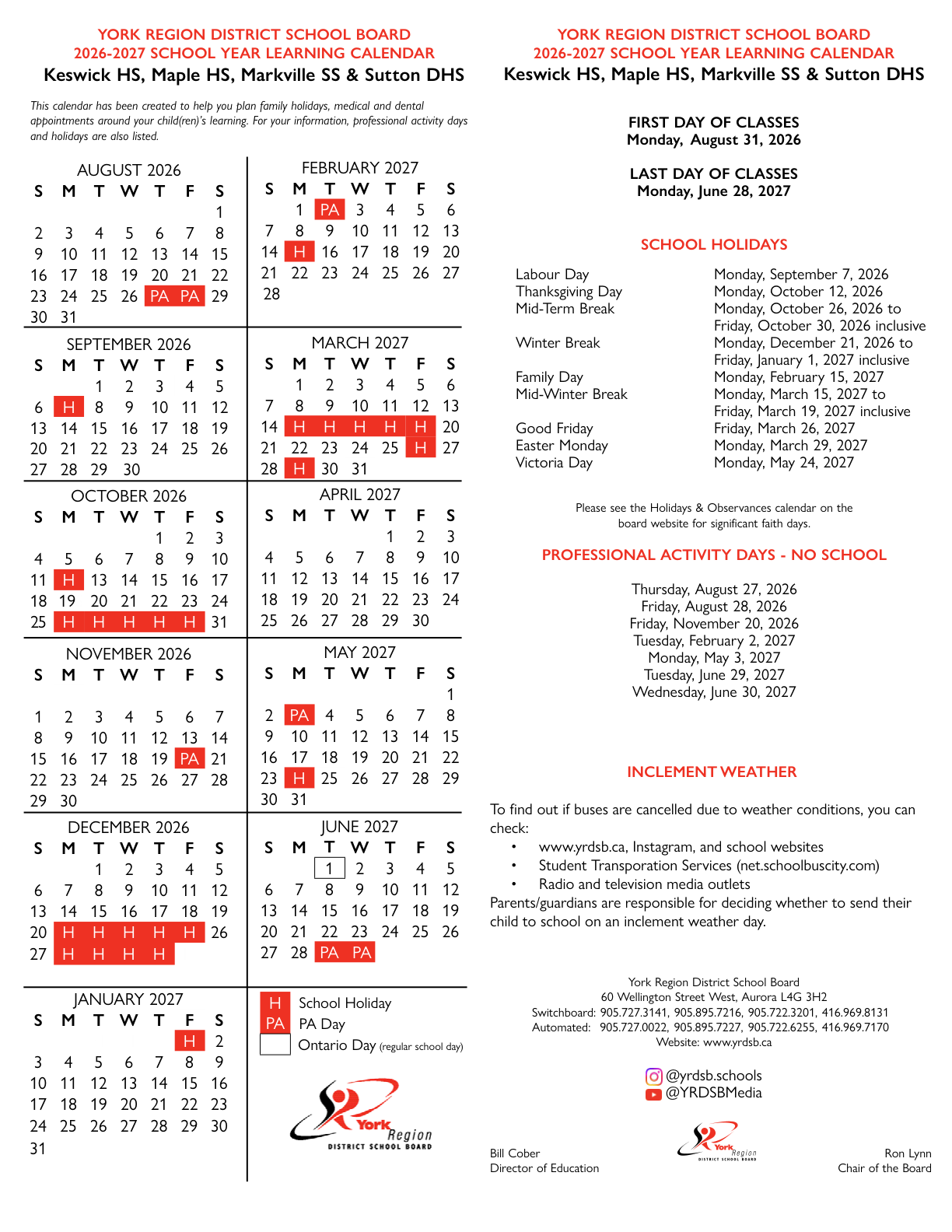 2026 2027 ESSS CalendarYork Region DSB