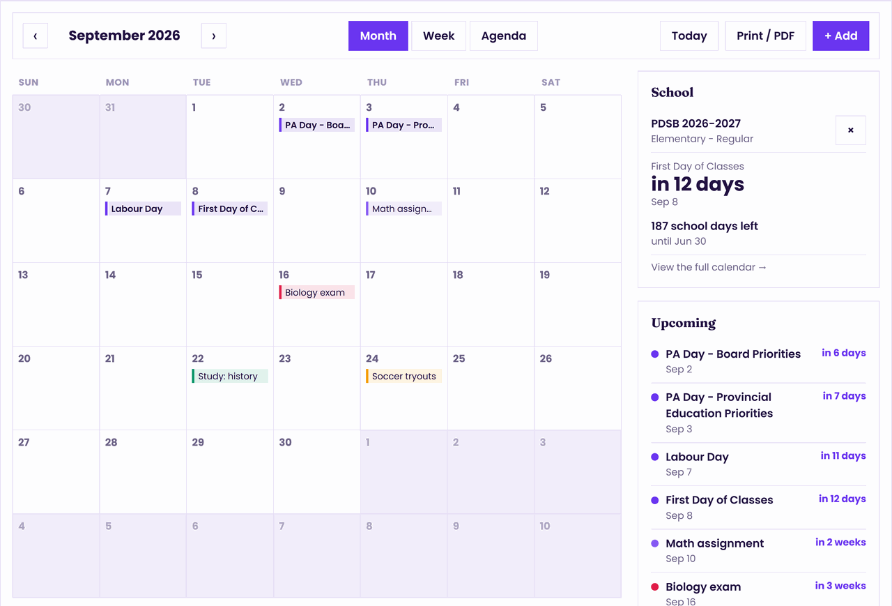 The planner showing September 2026 with the board's PA days and holidays already filled in, alongside a biology exam and a maths assignment added by hand.