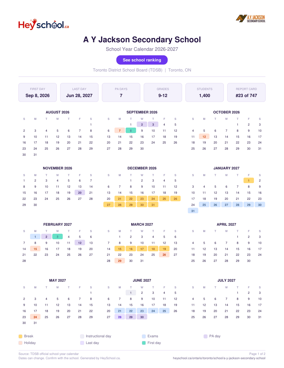 A Y Jackson Secondary School School Year Calendar 2026-2027