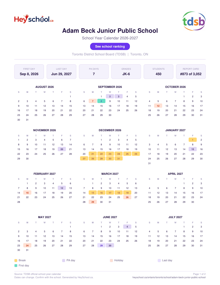 Adam Beck Junior Public School School Year Calendar 2026-2027