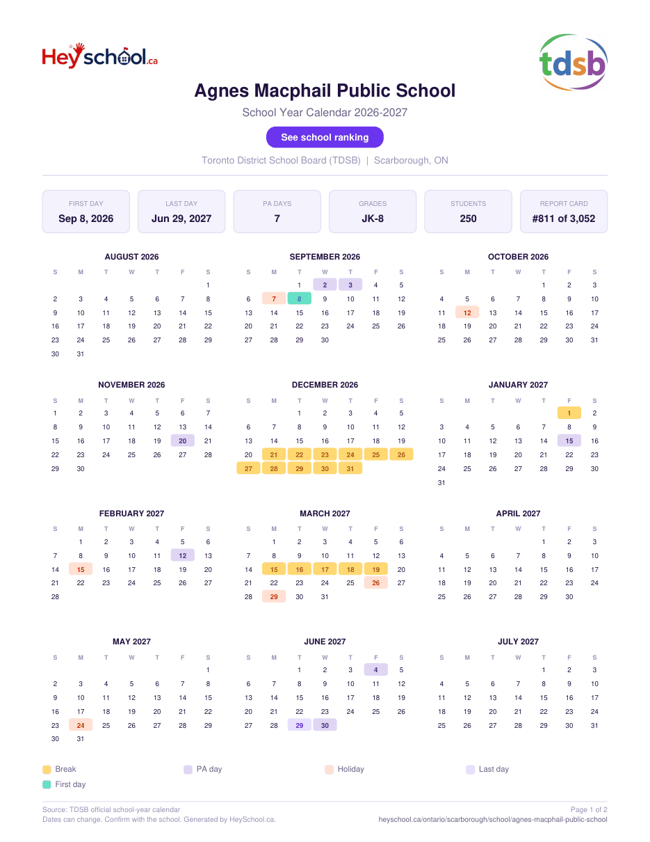 Agnes Macphail Public School School Year Calendar 2026-2027
