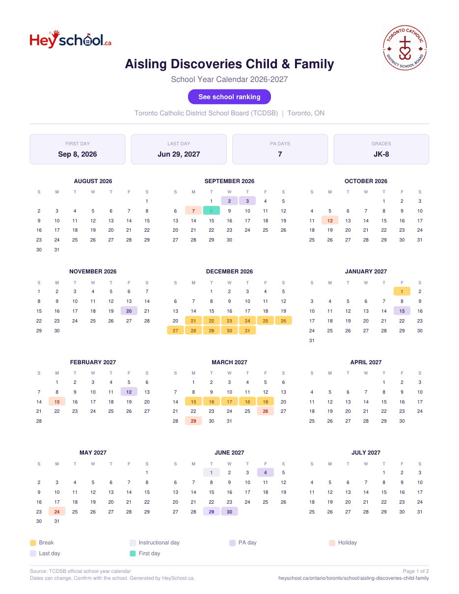 Aisling Discoveries Child & Family School Year Calendar 2026-2027
