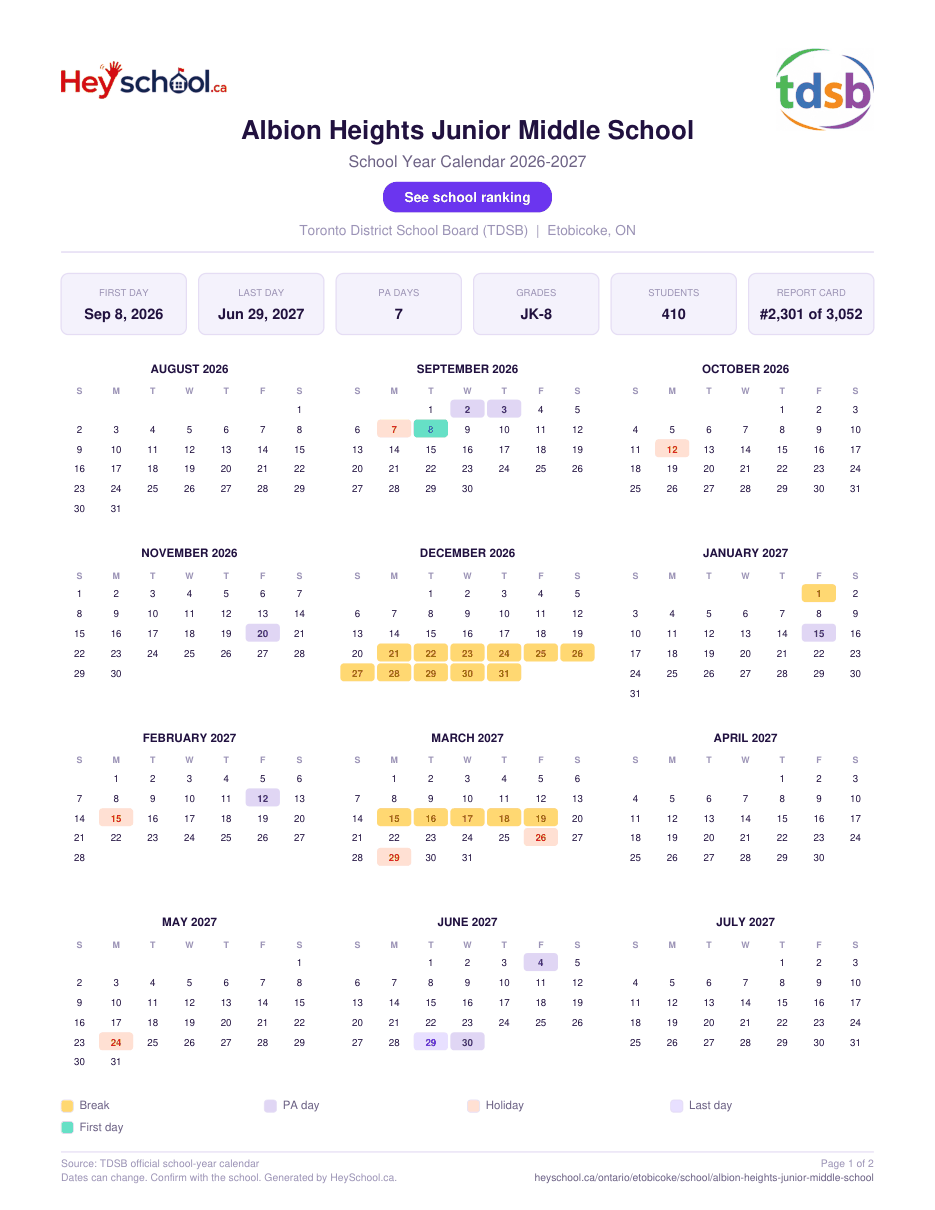 Albion Heights Junior Middle School School Year Calendar 2026-2027