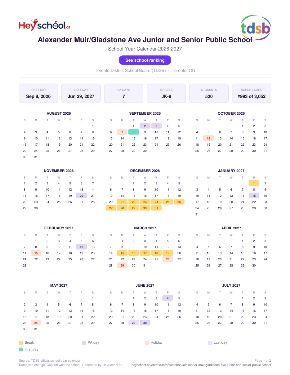 Alexander Muir/Gladstone Ave Junior and Senior Public School School Year Calendar 2026-2027