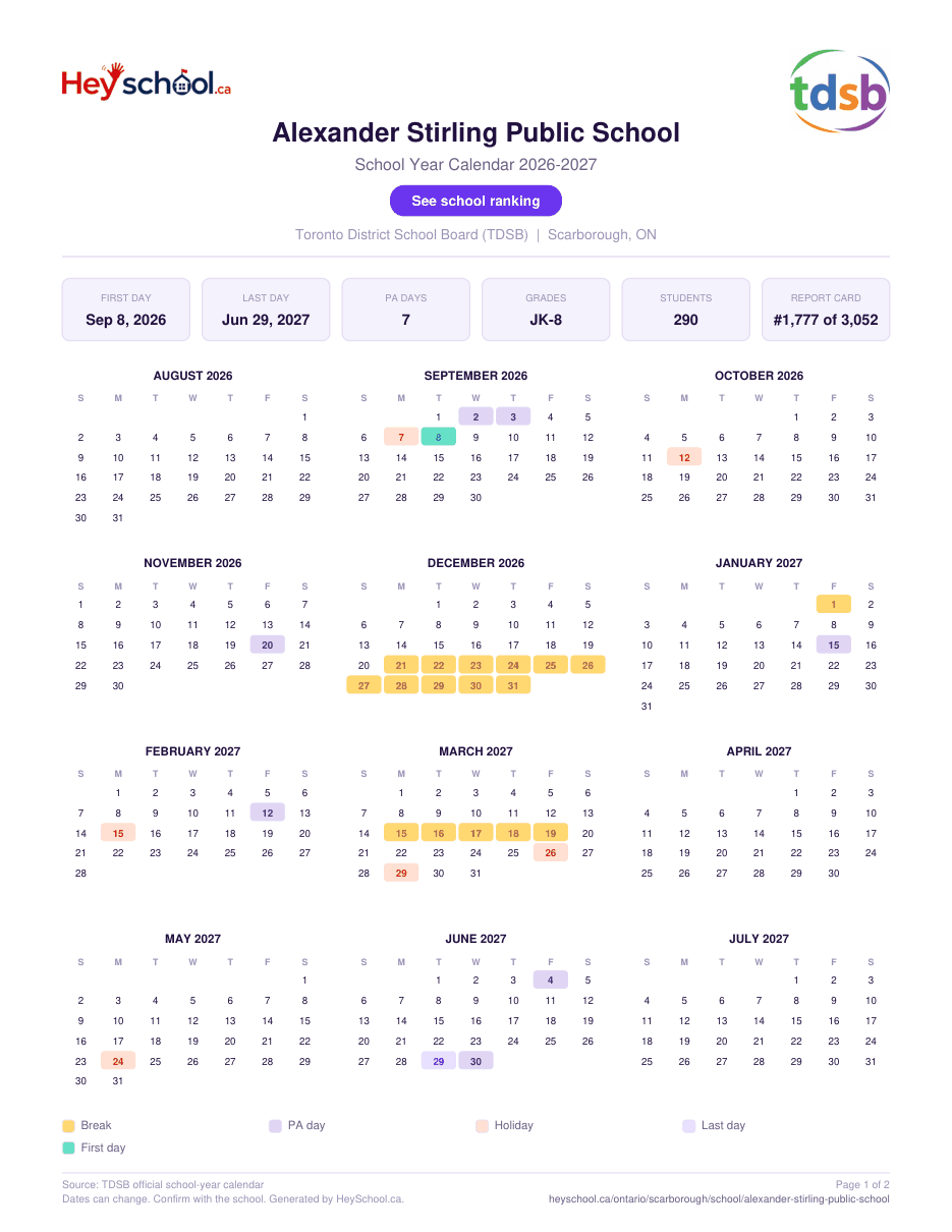 Alexander Stirling Public School School Year Calendar 2026-2027