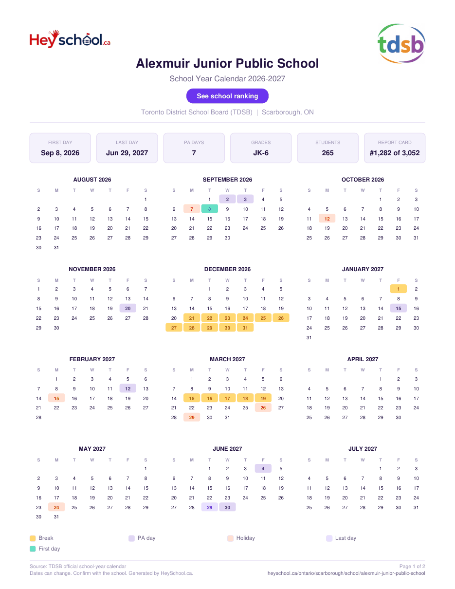 Alexmuir Junior Public School School Year Calendar 2026-2027