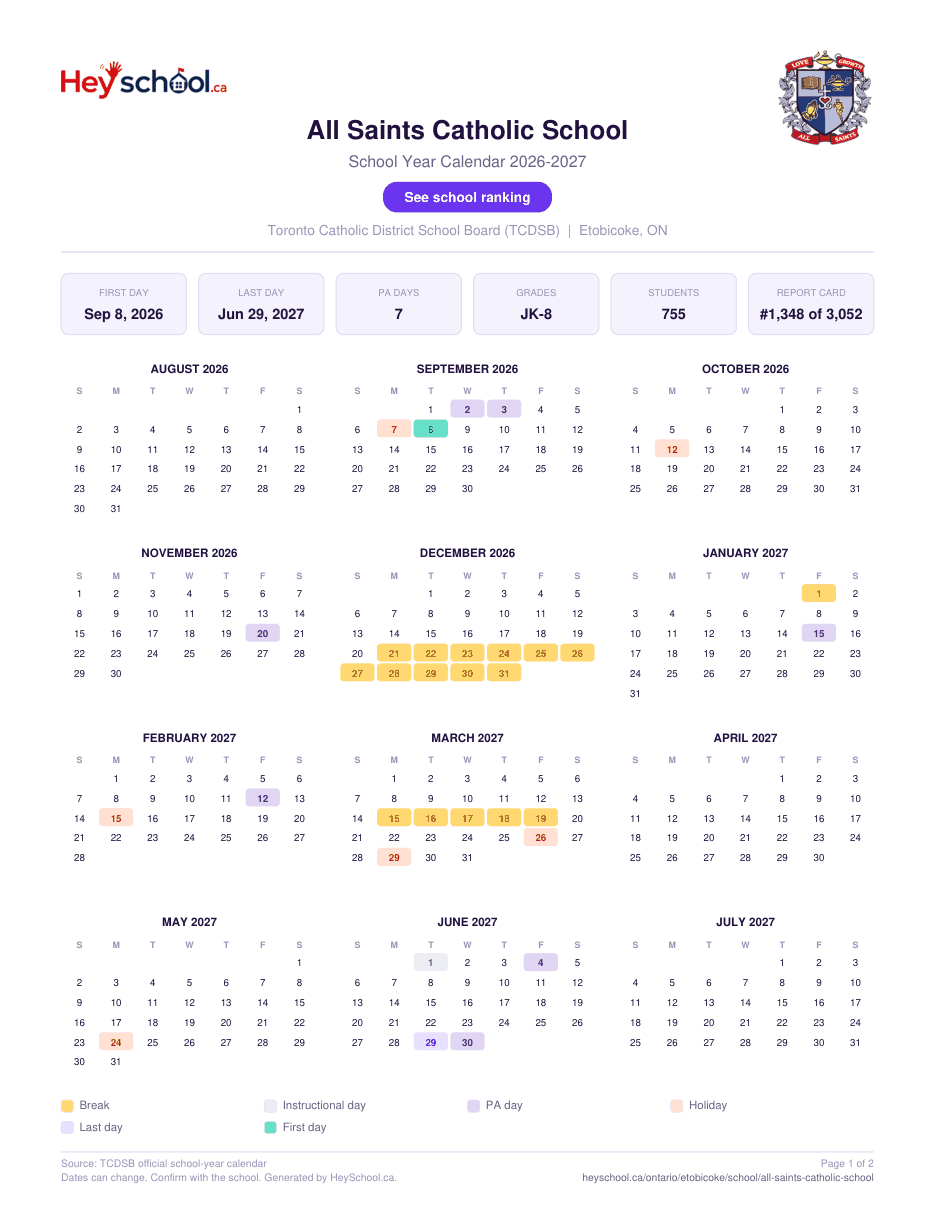 All Saints Catholic School School Year Calendar 2026-2027