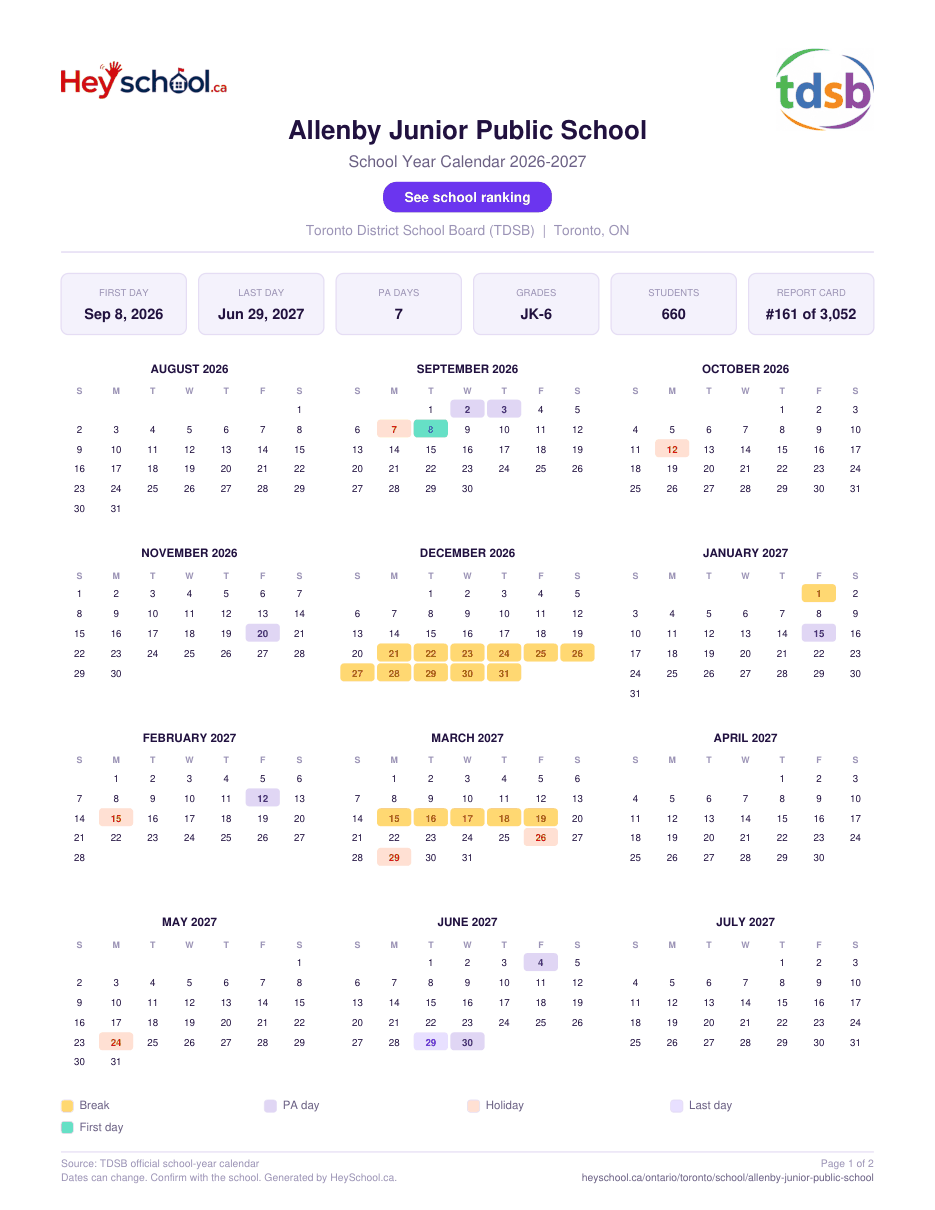 Allenby Junior Public School School Year Calendar 2026-2027