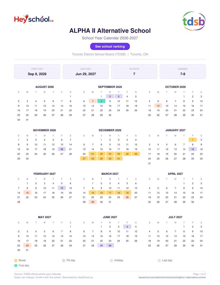ALPHA II Alternative School School Year Calendar 2026-2027