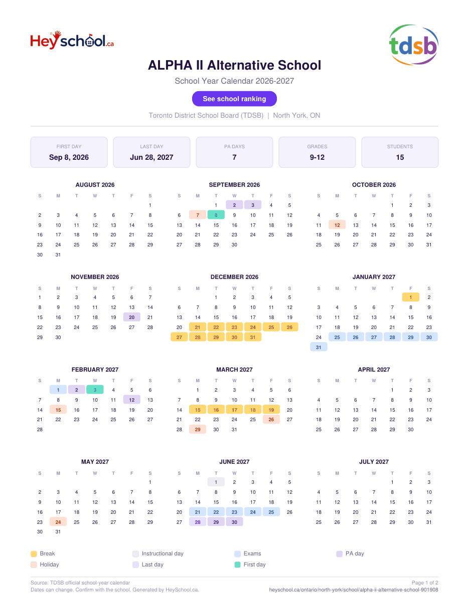 ALPHA II Alternative School School Year Calendar 2026-2027