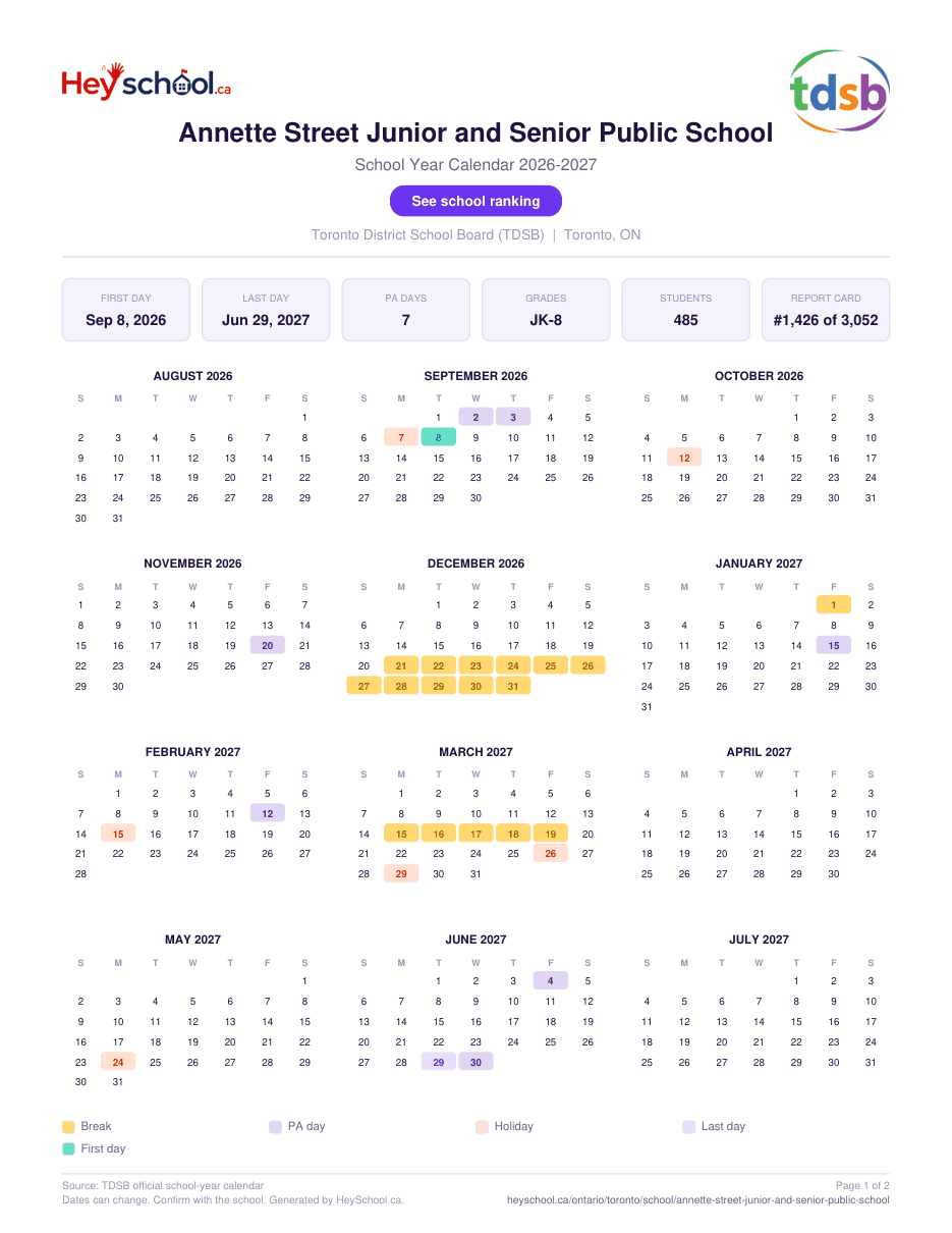 Annette Street Junior and Senior Public School School Year Calendar 2026-2027