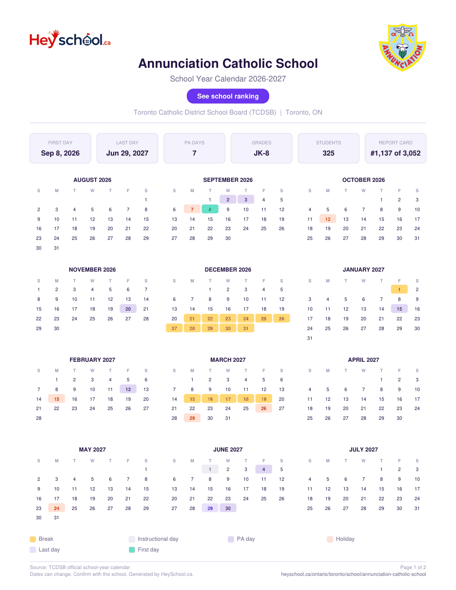 Annunciation Catholic School School Year Calendar 2026-2027