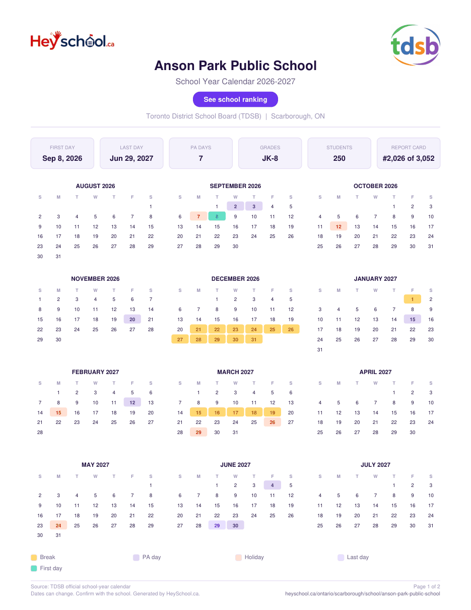 Anson Park Public School School Year Calendar 2026-2027