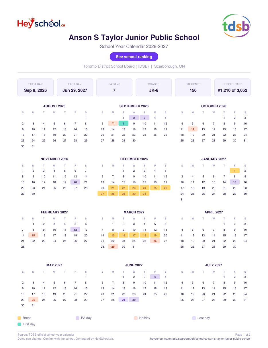 Anson S Taylor Junior Public School School Year Calendar 2026-2027