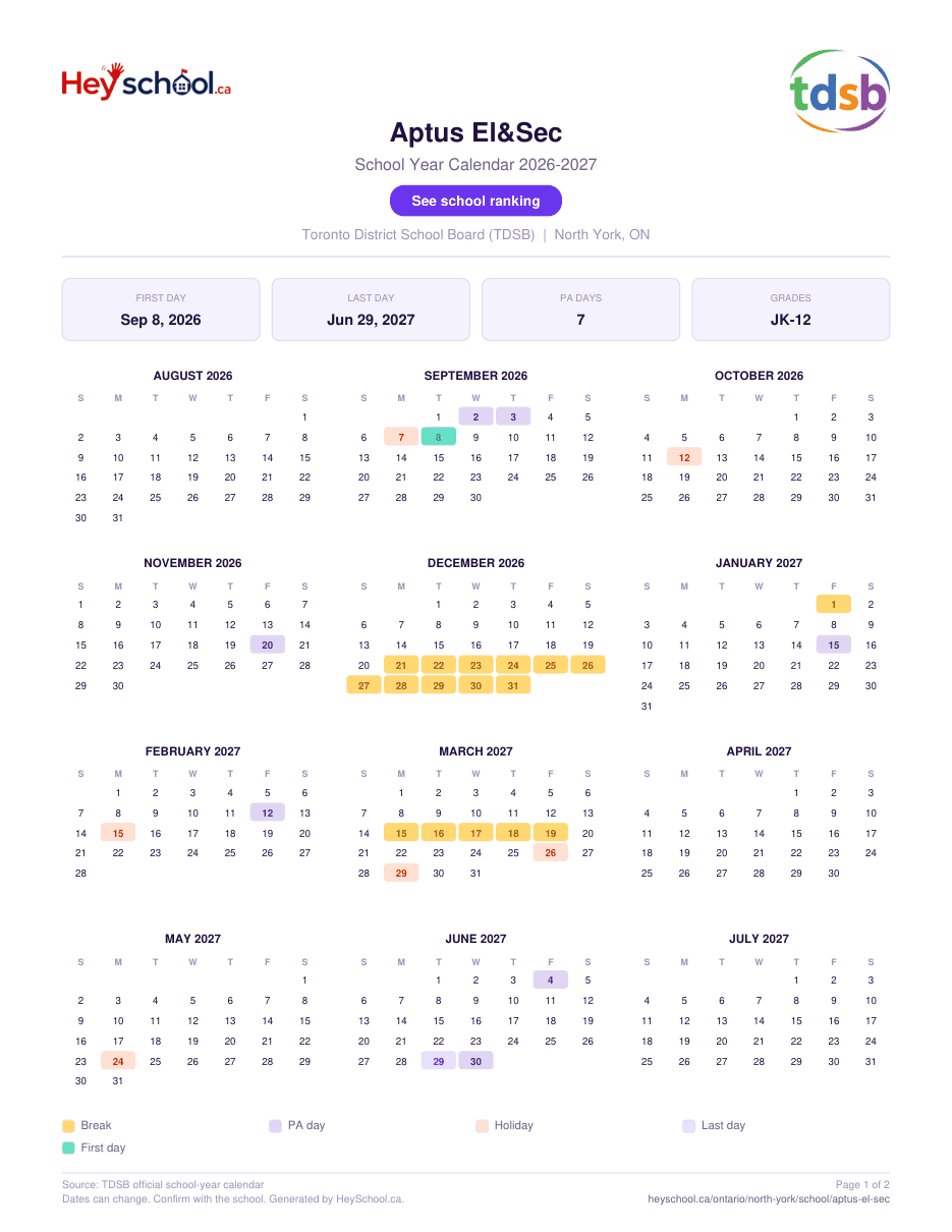 Aptus El&Sec School Year Calendar 2026-2027