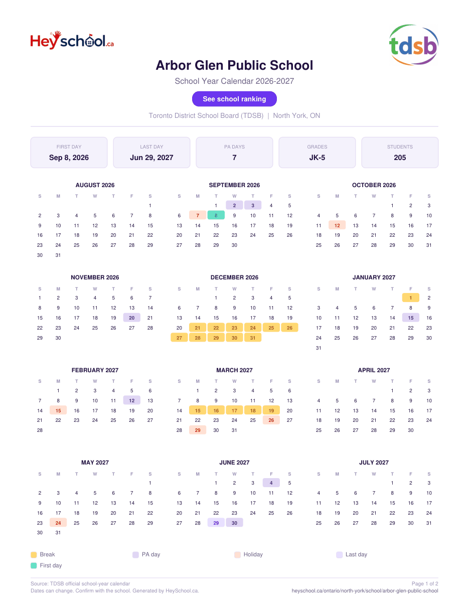 Arbor Glen Public School School Year Calendar 2026-2027