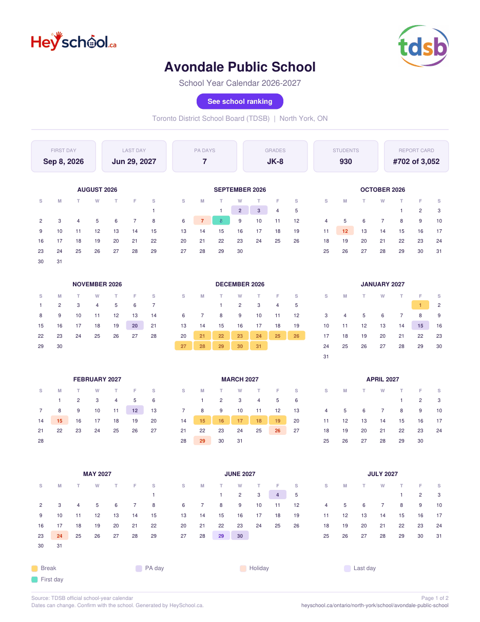 Avondale Public School School Year Calendar 2026-2027