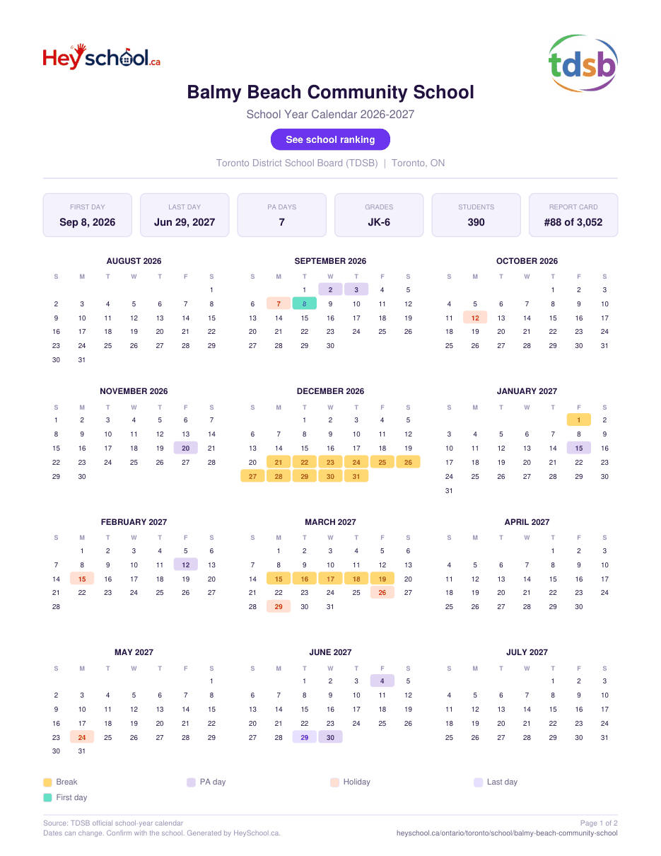 Balmy Beach Community School School Year Calendar 2026-2027
