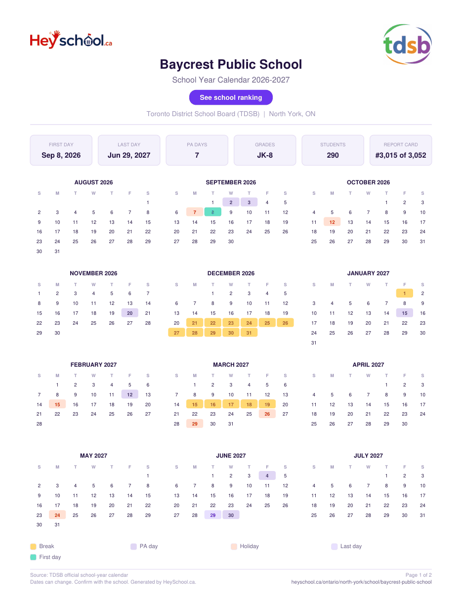 Baycrest Public School School Year Calendar 2026-2027