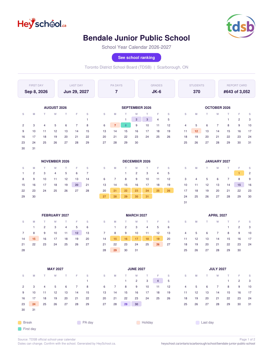 Bendale Junior Public School School Year Calendar 2026-2027