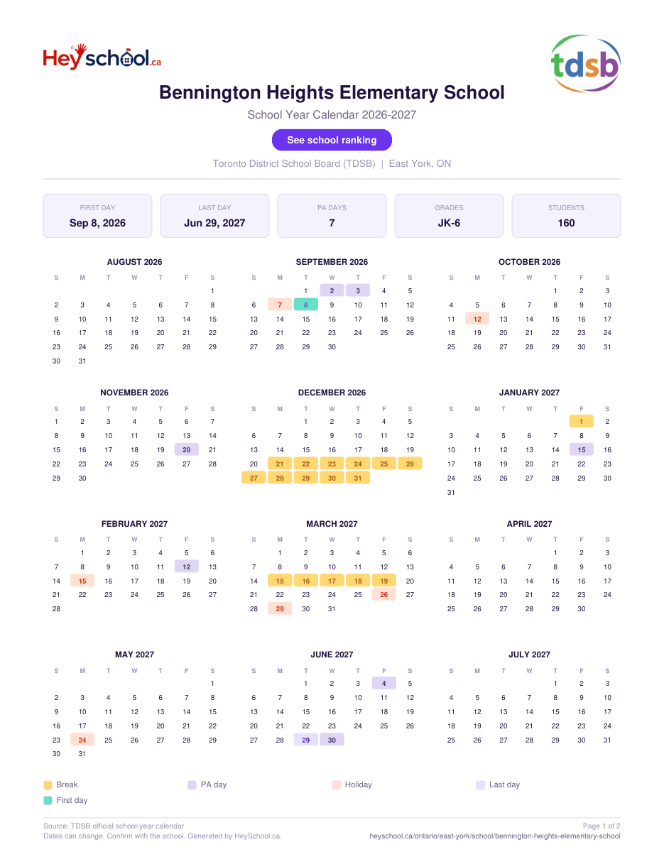 Bennington Heights Elementary School School Year Calendar 2026-2027