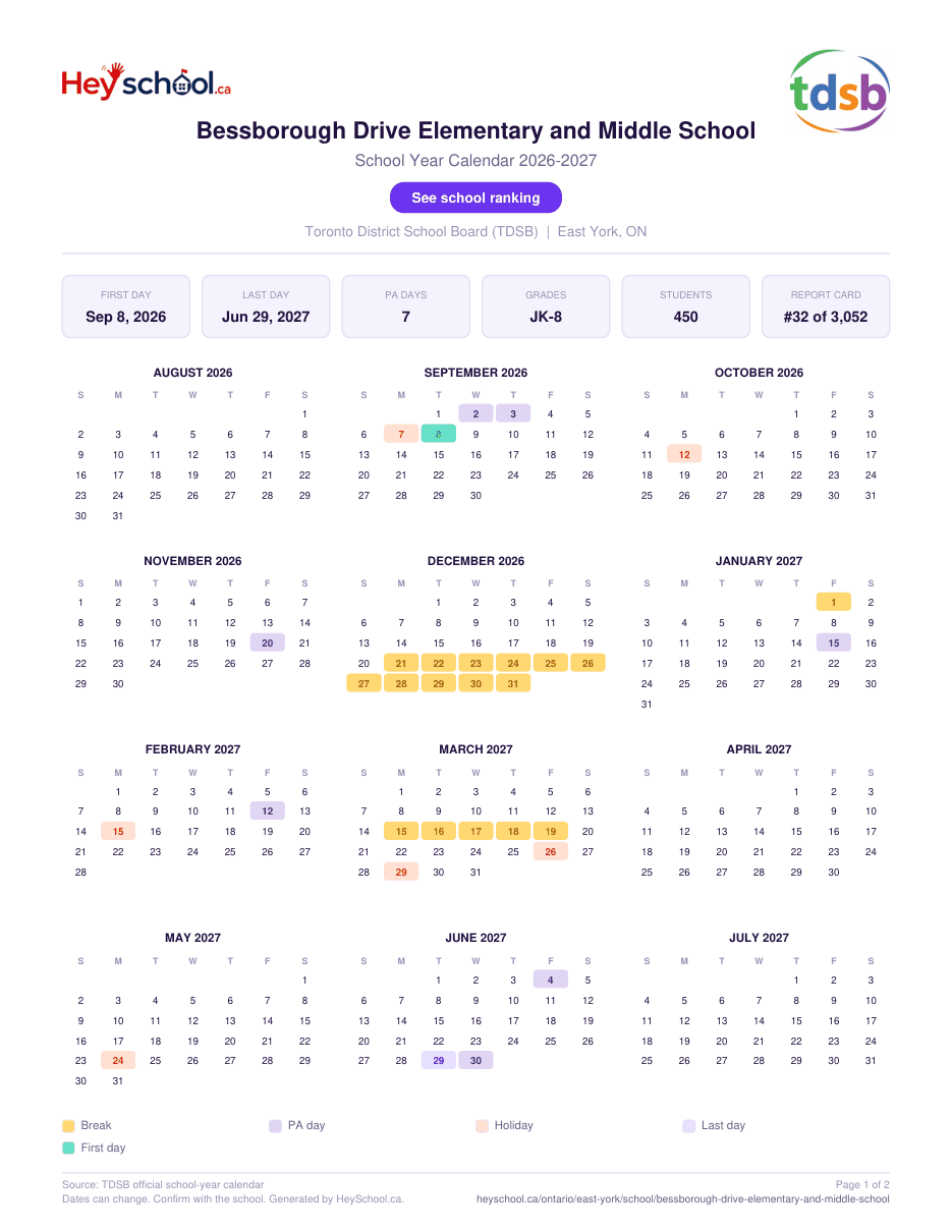 Bessborough Drive Elementary and Middle School School Year Calendar 2026-2027