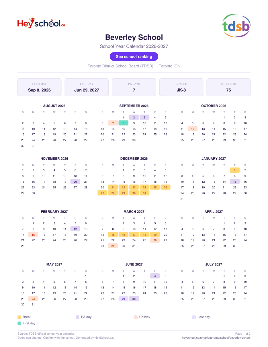 Beverley School School Year Calendar 2026-2027