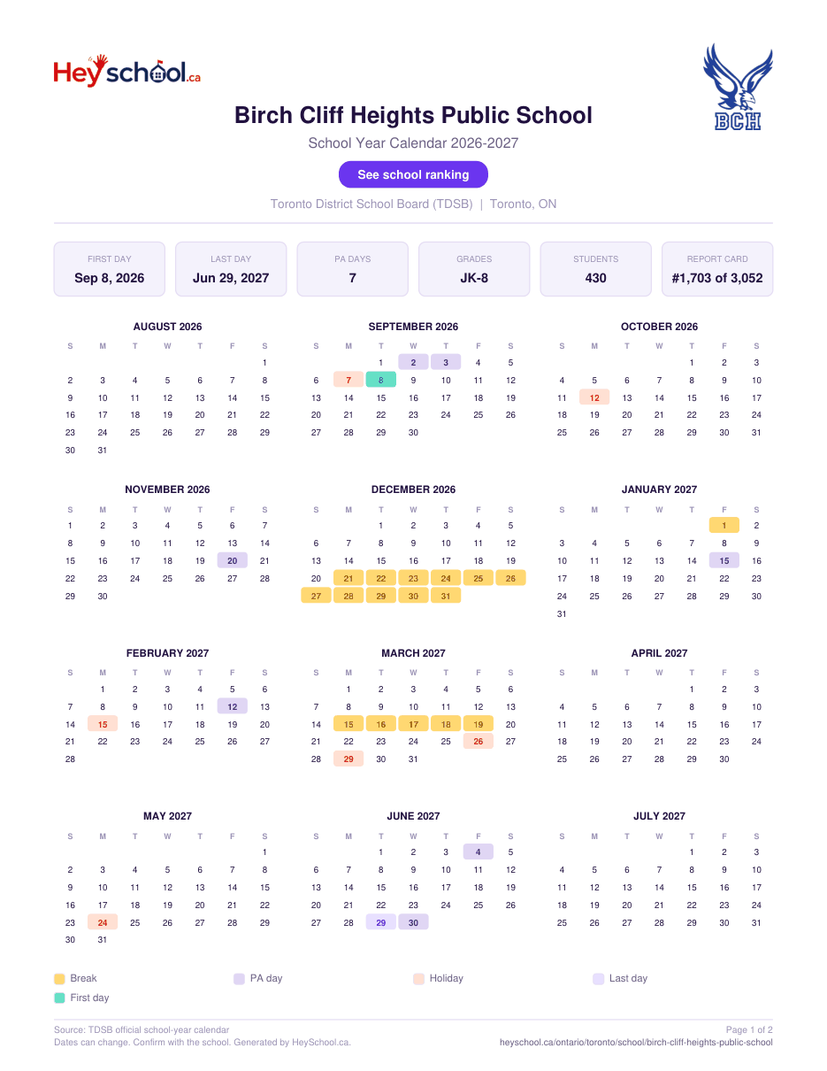 Birch Cliff Heights Public School School Year Calendar 2026-2027