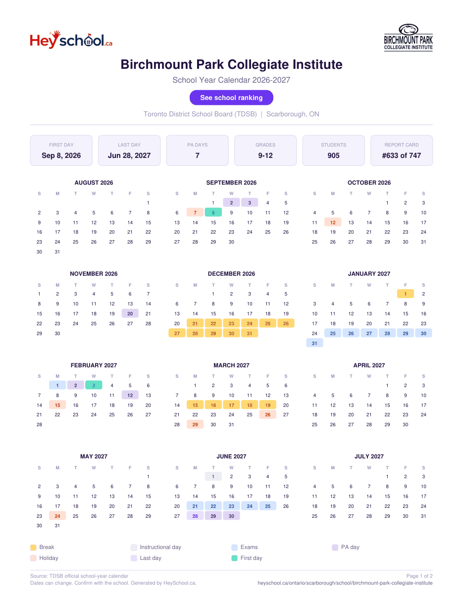 Birchmount Park Collegiate Institute School Year Calendar 2026-2027