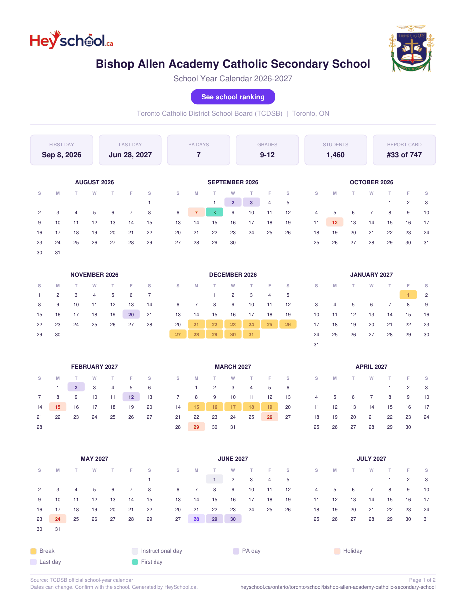 Bishop Allen Academy Catholic Secondary School School Year Calendar 2026-2027