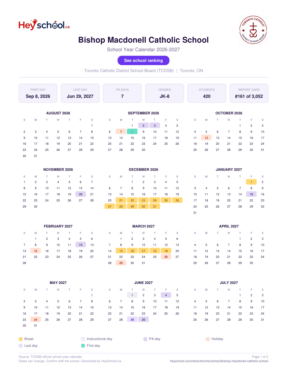 Bishop Macdonell Catholic School School Year Calendar 2026-2027