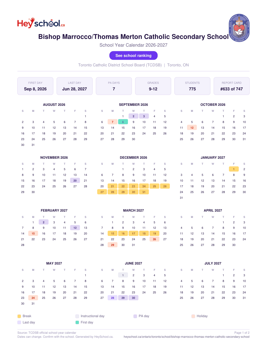 Bishop Marrocco/Thomas Merton Catholic Secondary School School Year Calendar 2026-2027
